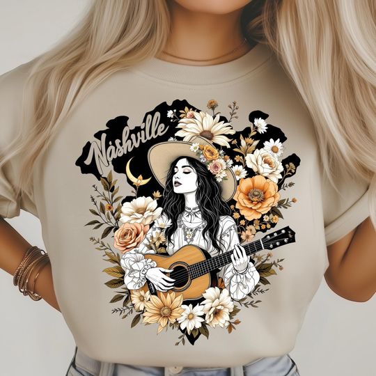 Discover Nashville Music Lover Png, Western Cowgirl Clipart, Acoustic Guitar Art, Country Flower Design, Folk Style Print, Sublimation Designs