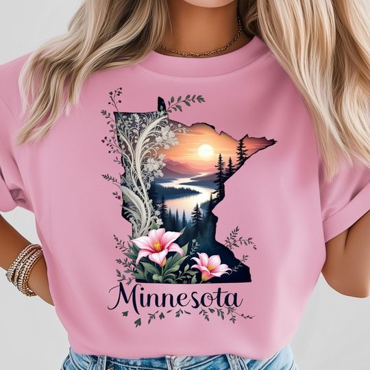 Discover Minnesota Sunset PNG, Floral Lace PNG, Pink Lilies and Forest River Scene, Romantic Nature State Poster, USA State Shirt Design