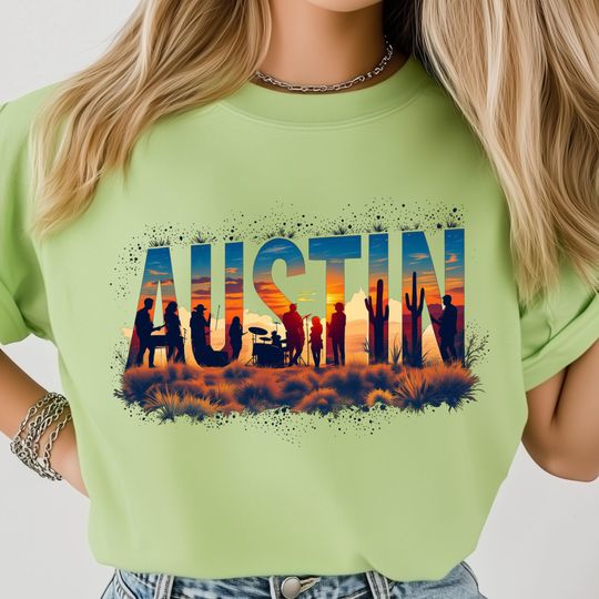 Discover Austin Texas Sunset PNG, Western Desert Music Scene with Band Silhouettes Inside City Letters, Country Shirt Art and Sublimation Print
