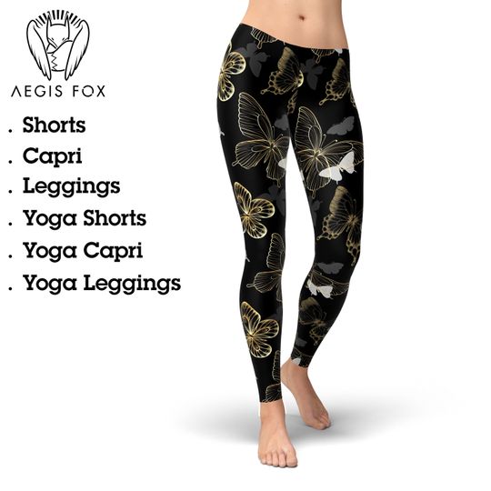 Discover Black & Gold Butterfly Print Leggings: Yoga, Gym, Athleisure