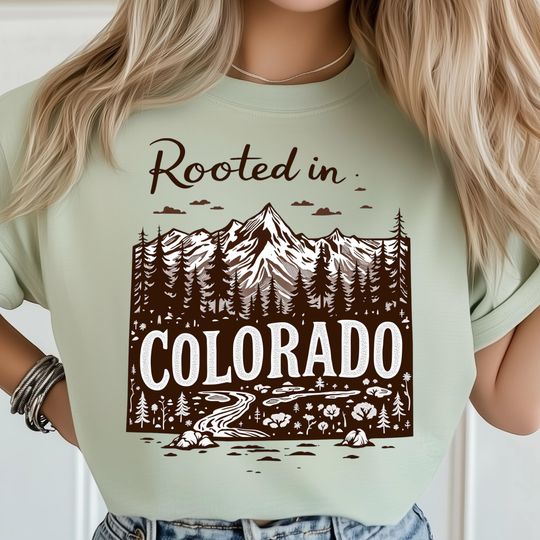 Discover Rooted In Colorado T-Shirt, Rocky Mountain Forest Scene