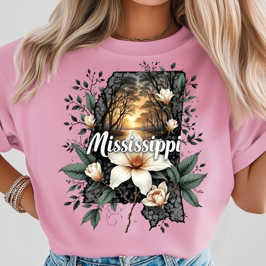 Mississippi Sunset T-Shirt, Floral Lace Magnolia River Scene, Southern Nature T-Shirt