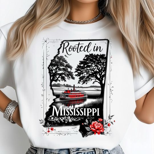 Discover Rooted In Mississippi T-Shirt, Historical Riverboat Art, Floral Mississippi T-Shirt