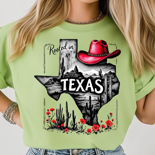 Discover Rooted in Texas State T-Shirt, Red Cowgirl Hat Over Western Desert Cactus Scene