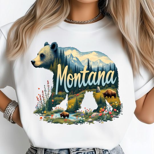 Discover Montana T-Shirt, Bear Wildflower Art, Nature State T-Shirt