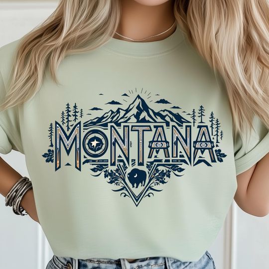 Discover Montana T-Shirt, Mountain Forest Landscape Print, Wilderness Typography Art