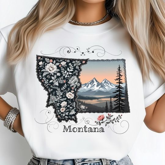 Discover Montana State Floral, Scenic Mountain Sunset T-Shirt, Countryside Valley Bloom Art