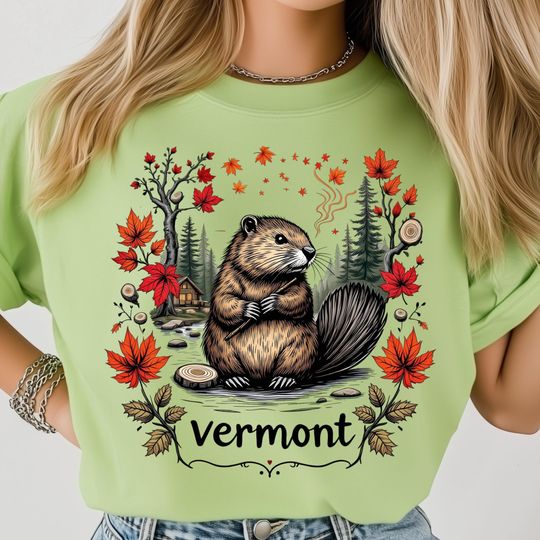 Discover Vermont Nature T-Shirt, Beaver on Log in Autumn Forest Scene Cabin, Vintage State T-Shirt