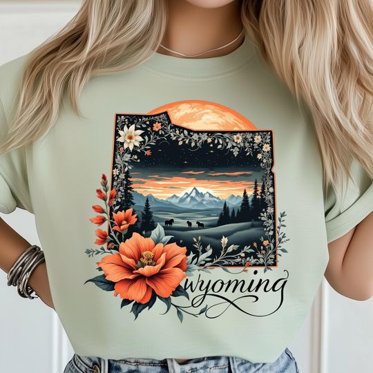 Discover Wyoming Nature T-Shirt, Floral Lace T-Shirt, Wildflower Sunset Over Mountains and Pines