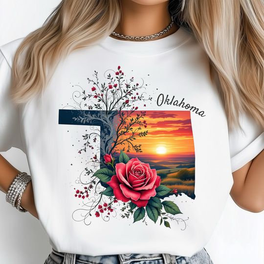 Discover Oklahoma Map T-Shirt, Floral Lace T-Shirt, Wildflower Prairie Sunset Design