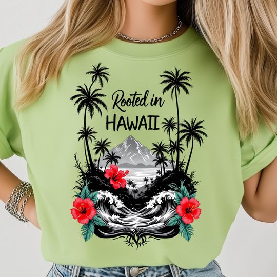 Discover Rooted in Hawaii PNG, Tropical Waves and Hibiscus Flowers with Island Mountains, Vintage State Poster, Hawaii Shirt Design, Island Paradise