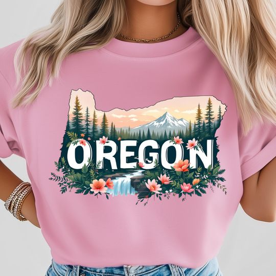 Discover Oregon Floral PNG, Scenic Mountain Waterfall Art, Forest Countryside Nature View, State Travel Poster, USA State Shirt Design