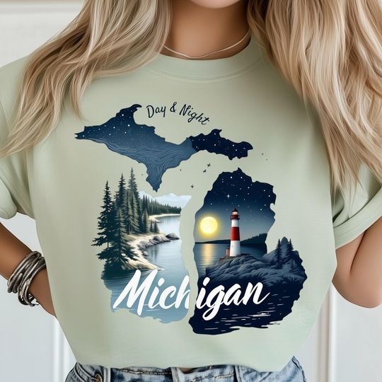 Discover Michigan State  Day Night T-Shirt, Scenic Lake Sunset Coast, Night Sky Art