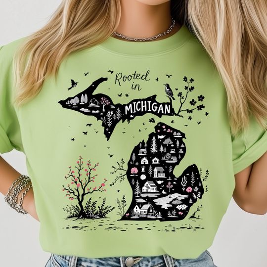Discover Rustic Cabin Michigan Map, Rooted In Michigan, USA State Pride