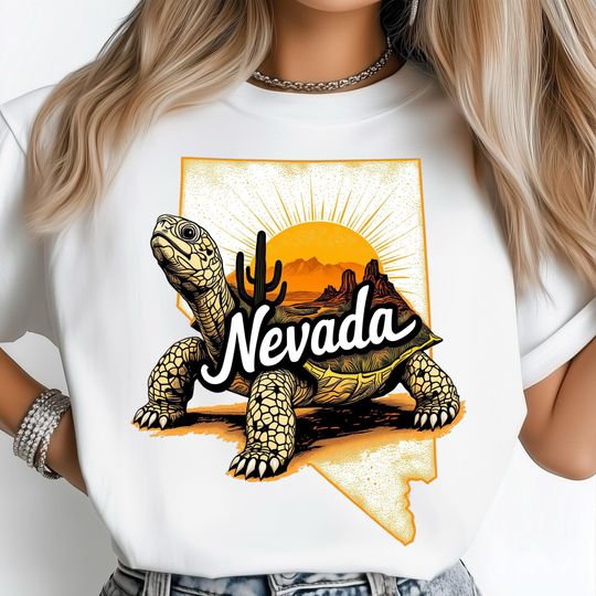 Discover Nevada Turtle Desert Art, Sunset Landscape with Cactus, State Outline