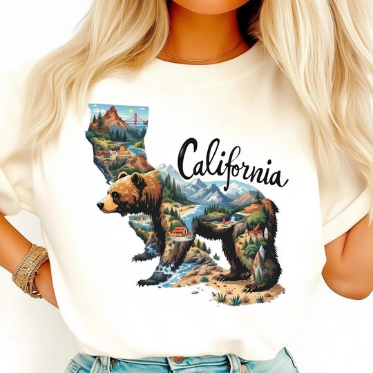Discover California T-Shirt, Bear and Map Clipart, Nature State T-Shirt, Mountain River Design