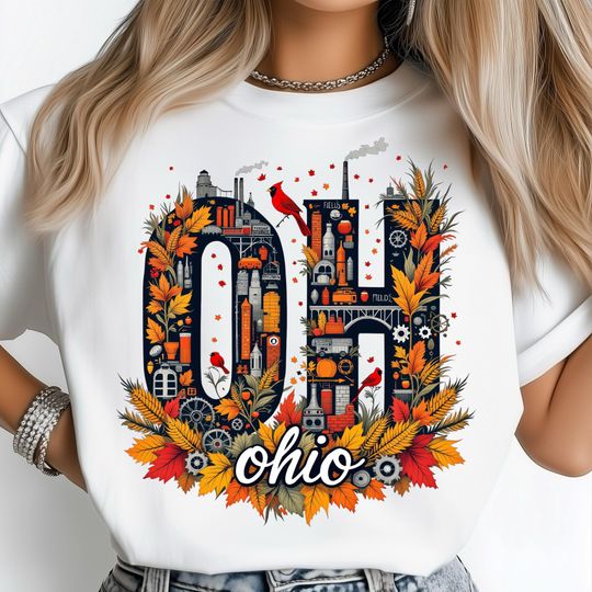 Discover Ohio Autumn T-Shirt, Industrial City and Wheat Leaves, Ohio State Map Art, Ohio Shirt