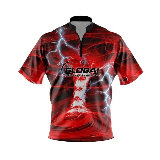 Discover 900 Global Electrical Tornado Red Quick Ship CoolWick Sash Zip Bowling Jersey