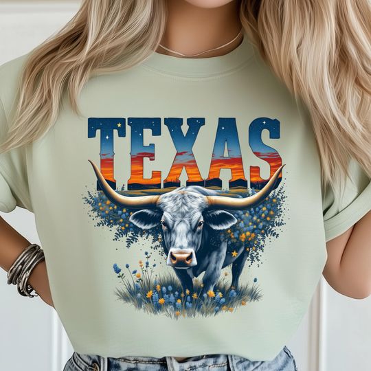 Discover Texas Strong PNG, Longhorn Wildflower Print, Cowboy Sunset Art, Lone Star State Graphic, Country Western Sublimation