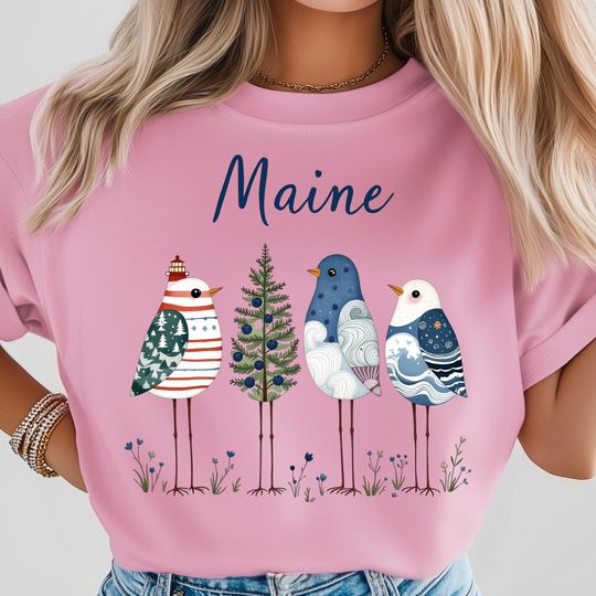 Discover Blueberry Birds Of Maine PNG, Nautical Lighthouse Print, New England Style Travel Art, Coastal State Shirt Design