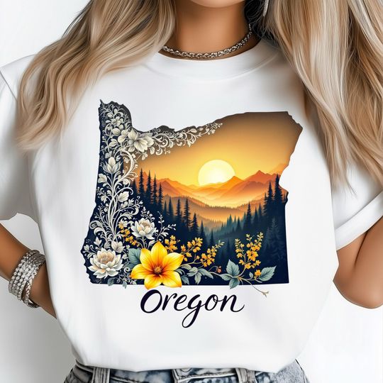 Discover Oregon Sunset PNG, Floral Lace Mountain Landscape, Pacific Northwest Travel Posters, State Map Art Print, USA State Shirt Design