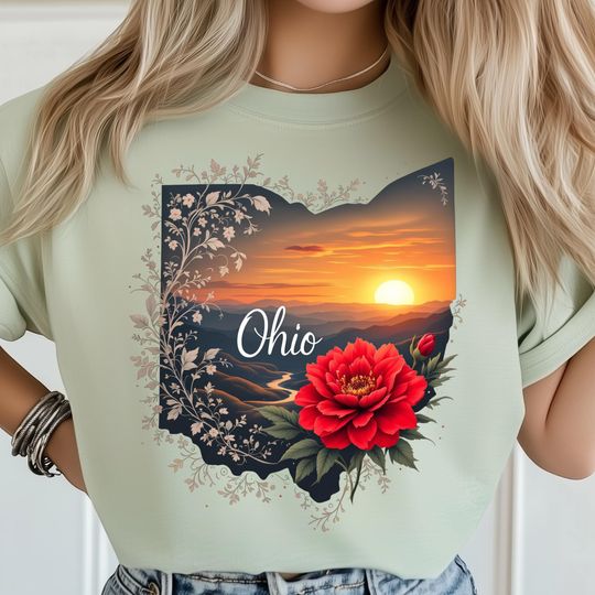 Discover Ohio Sunset PNG, Scenic Floral State Art with Red Peony, Nature Sublimation Printable, Landscape Design, USA State Shirt Design