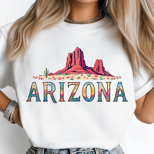 Discover Arizonna State PNG, Desert Mountain Landscape with Cactus and Sunset, Rustic Sublimation, Printable Design Graphic, USA State Shirt Design
