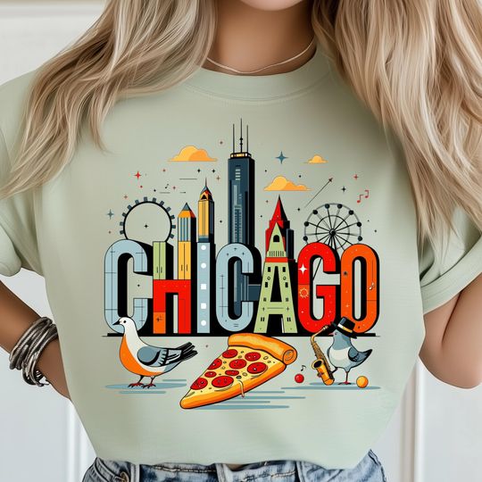 Discover Chicago Skyline Travel PNG, Vacation Clipart With Bears Football Theme, Cityscape Shirt Design, Digital Sublimation Art File