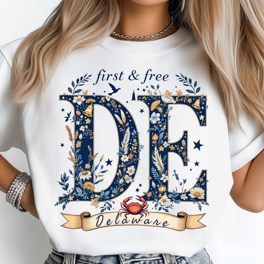 Discover Delaware State  PNG, Floral Letter DE Poster, Nautical Crab Art Print, State Pride Png, Coastal Flower Design, USA State Shirt Sublimation