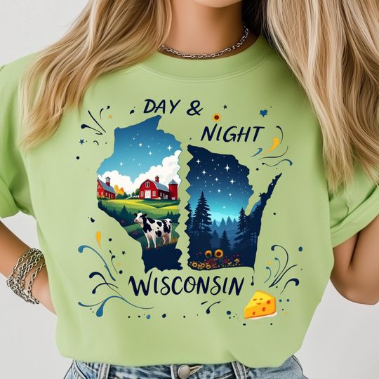 Discover Wisconsin State  Day And Night PNG, Dairy Cow Farm Barn And Starry Sky Poster, Countryside Landscape Art, USA State Shirt Sublimation