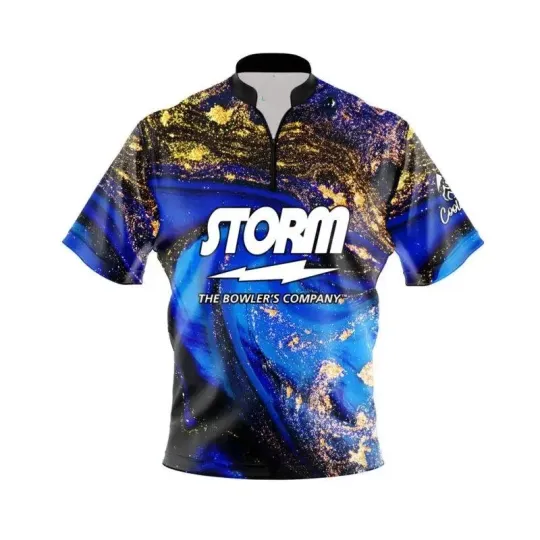 Discover Storm Blue Gold Liquid Marble Quick Ship CoolWick Sash Zip Bowling Jersey