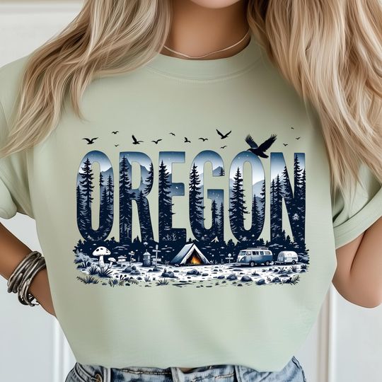 Discover Oregon Camping T-Shirt, Forest Landscape with Tent, Van, Mushrooms and Pines