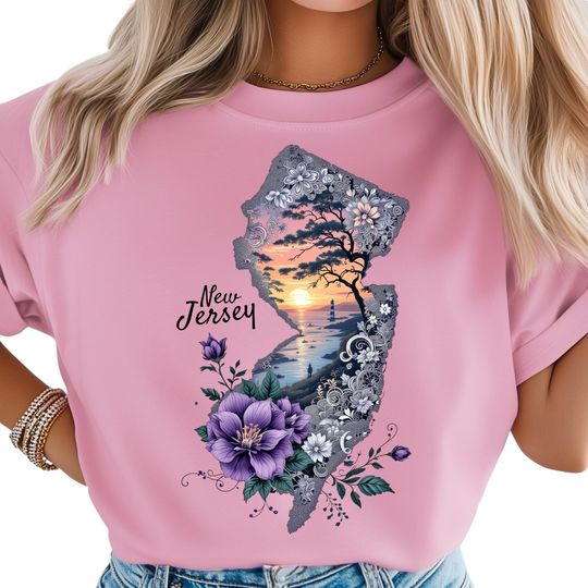 Discover New Jersey Map T-Shirt, Floral Lace Sunset Art, Purple Hibiscus Flowers