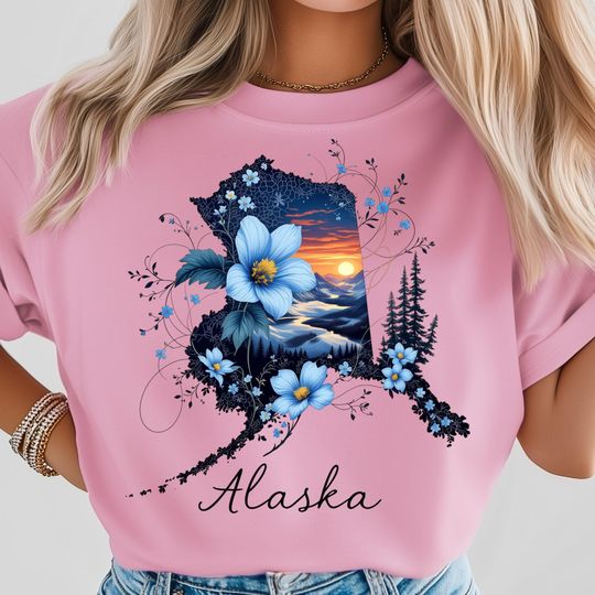 Alaska Cruise T-Shirt, Floral Lace Scenic Horizon, Midnight Sun Over Mountains