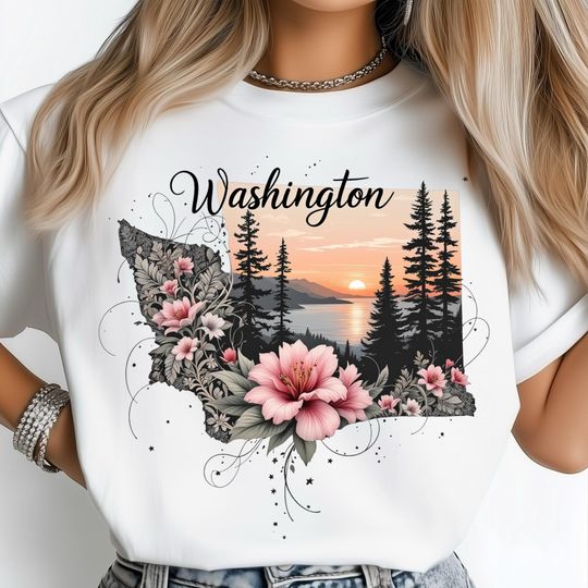 Discover Washington Sunset T-Shirt, Floral Lace Coastal Forest, Evergreen State T-Shirt