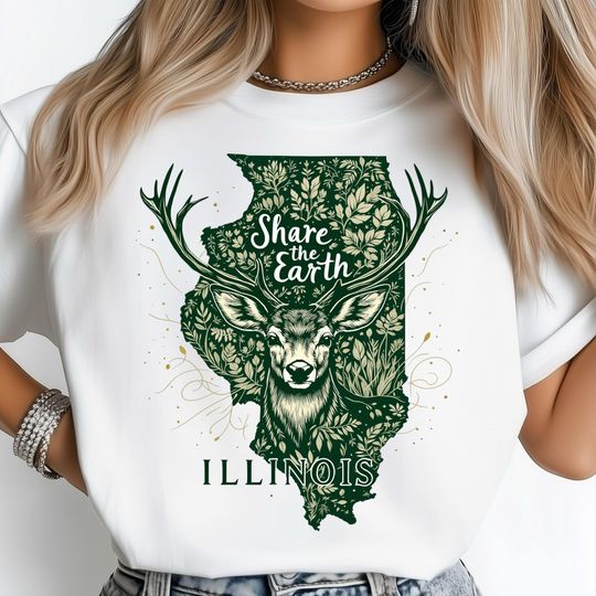Discover Illinois Deer PNG, Share the Earth Eco Design, Nature Wildlife Sublimation, Scenic Forest State Art, USA State Shirt Design