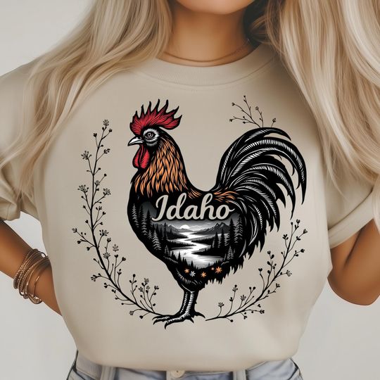 Discover Idaho Rooster PNG, Scenic Farm Sunrise And Mountain Night, Country Landscape Art, Rustic State Design, USA State Shirt Design