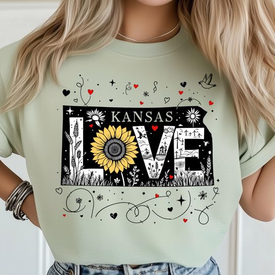 Discover Kansas Love PNG, Sunflower State Art with Wheat and Farm Scene, Rustic Country Design, Printable Sublimation Graphic, USA State Shirt Design