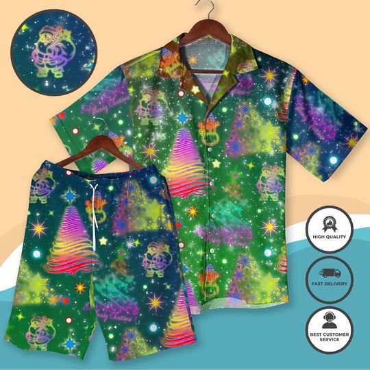 Discover Christmas Hawaiian Shirt and Shorts, Festive Aloha Outfit with Neon Xmas Tree and Santa