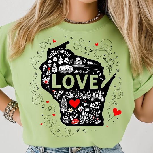 Discover Wisconsin Love PNG, Floral State Art Design, Heart and Nature Graphic, Printable Wisconsin Sublimation, USA State Shirt Design