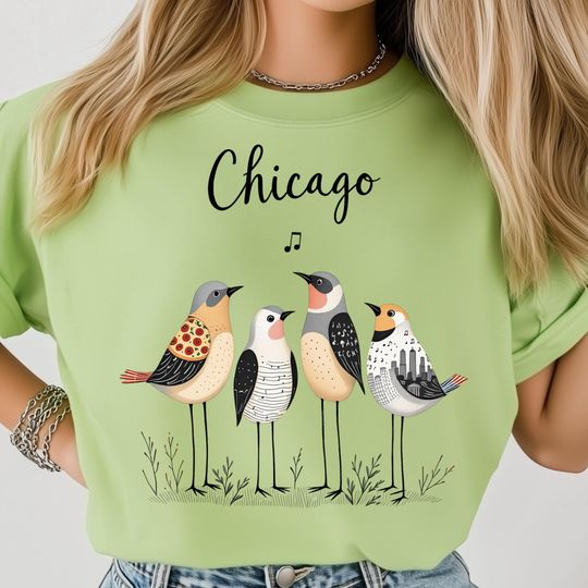 Discover Chicago City PNG, Skyline and Birds Design, Pizza and Music Art, Modern City Sublimation Print, USA State Shirt Design
