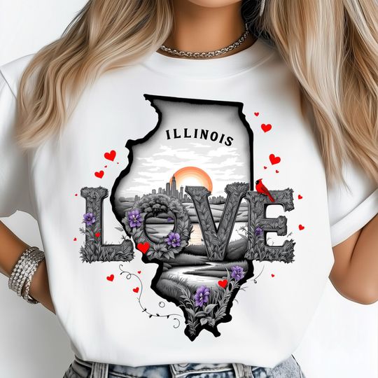 Illinois Love State T-Shirt, Sunset Skyline Art, Heart and Floral Sublimation Design