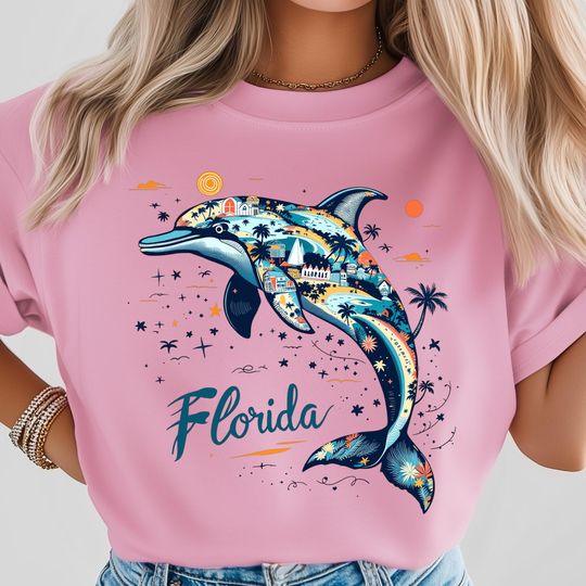 Discover Florida PNG, Dolphin Tropical Ocean Art, Coastal State Sublimation Print, Sea Life Design for Shirts, USA State Shirt Design