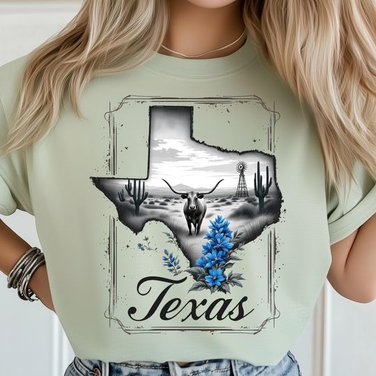 Discover Texas Map PNG, Western Desert Scene, Longhorn Cattle Artwork, Texas Wildflower Print, Rustic Farm Landscape, Southwest State Art