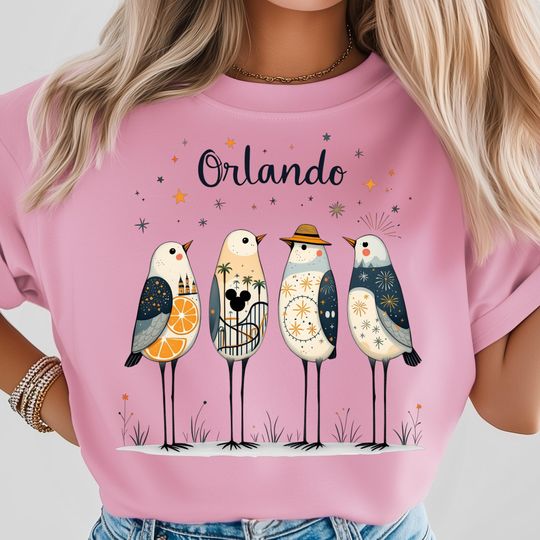Orlando T-Shirt, Florida Cute Birds Art, Orange Fruit Rollercoaster Design