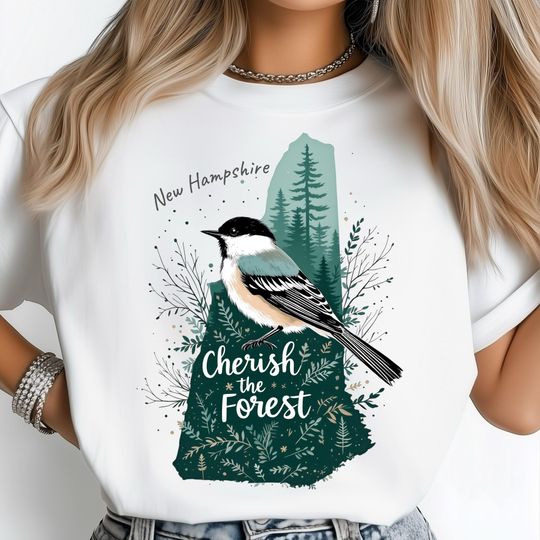 Discover New Hampshire State PNG, Cherish the Forest Nature Art, Bird and Pine Tree Sublimation, Woodland Wildlife, USA State Shirt Design