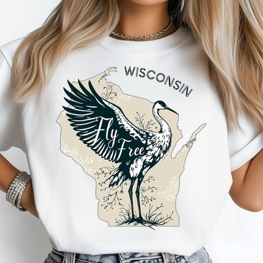 Discover Wisconsin State PNG, Fly Free Crane Bird Design, Nature Sublimation Print, Wildlife Eco Art, USA State Shirt Design