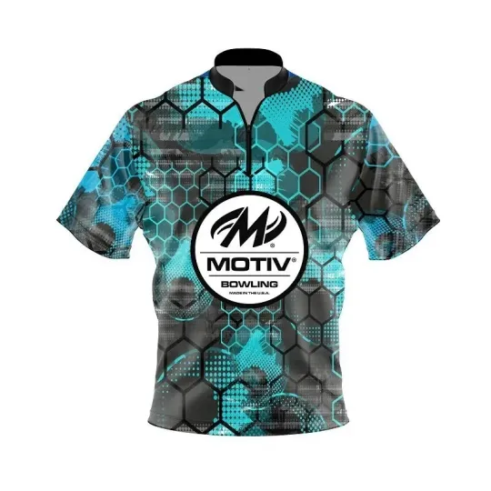 Discover Motiv Teal Honeycomb Quick Ship CoolWick Sash Zip Bowling Jersey