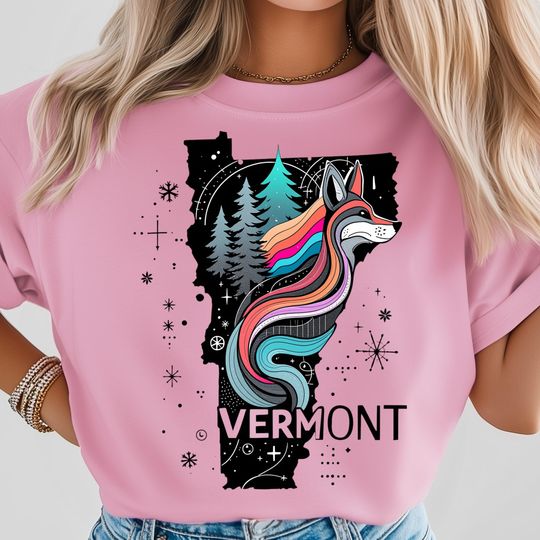 Discover Vermont Fox T-Shirt, Colorful Woodland Rainbow Fox Art, Scenic Forest Trees Design Poster