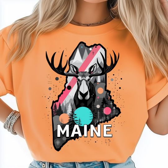 Discover Maine Moose T-Shirt, Abstract Colorful Forest Wildlife Art, Scenic Nature Sublimation Poster